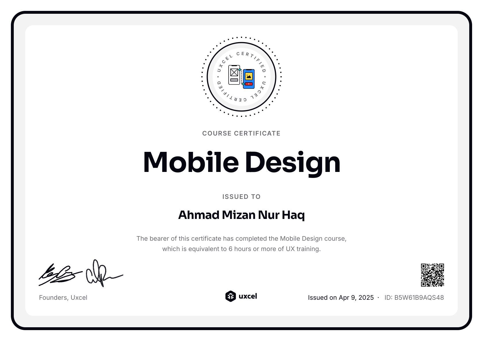 Ahmad Mizan Nur Haq's certificate